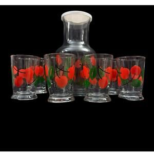 Libby Vintage Cherry Juice Set 6 Glasses & Decanter With Cover Kitschy Retro